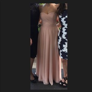 LONG STRAPLESS CHIFFON DRESS AND PLEATED BODICE